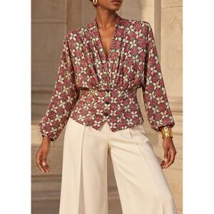 127 Vintage Pierre Balmain Paris Geometric Print Blouse Pink Brown Fitted Waist